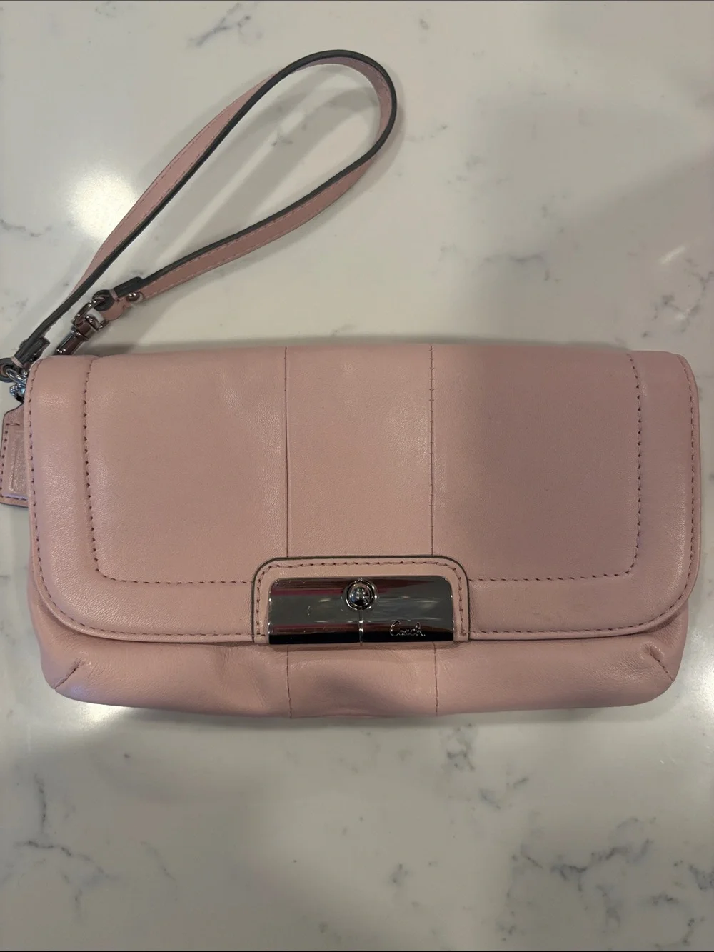 Coach Pale Pink Leather Wristlet Clutch with Silver Hardware
